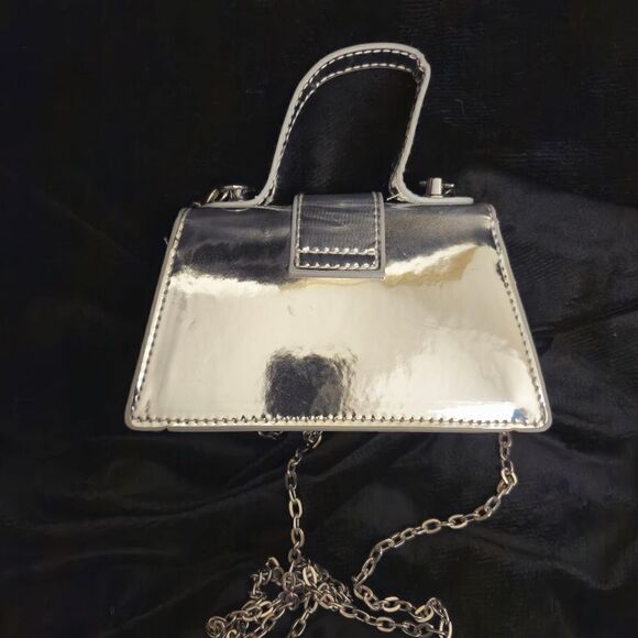 Silver Chrome Mini Bag with Chain Strap and Flap Closure - Picture 5 of 8